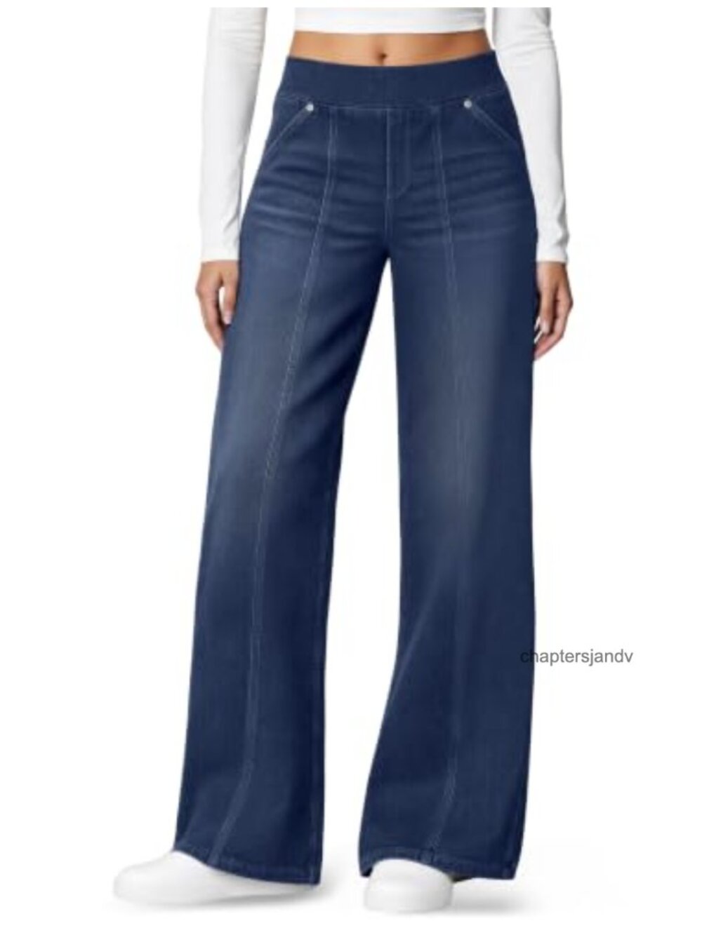 Pull On Wide Leg Jeans High Waisted Stretchy Tummy Control Seamed